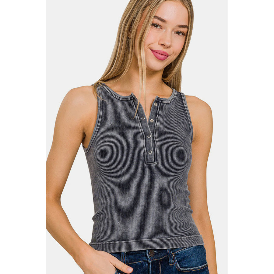 Zenana Washed Ribbed Half Snap Seamless Tank Apparel and Accessories