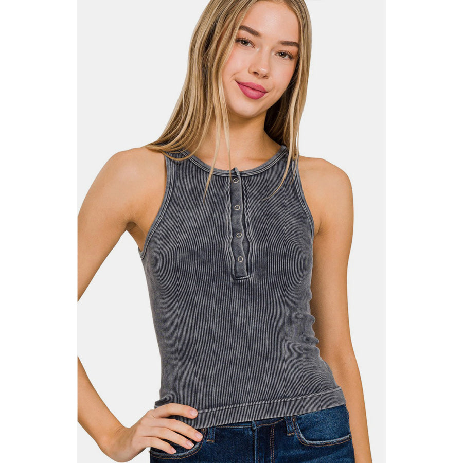 Zenana Washed Ribbed Half Snap Seamless Tank Ash Black / S/M Apparel and Accessories