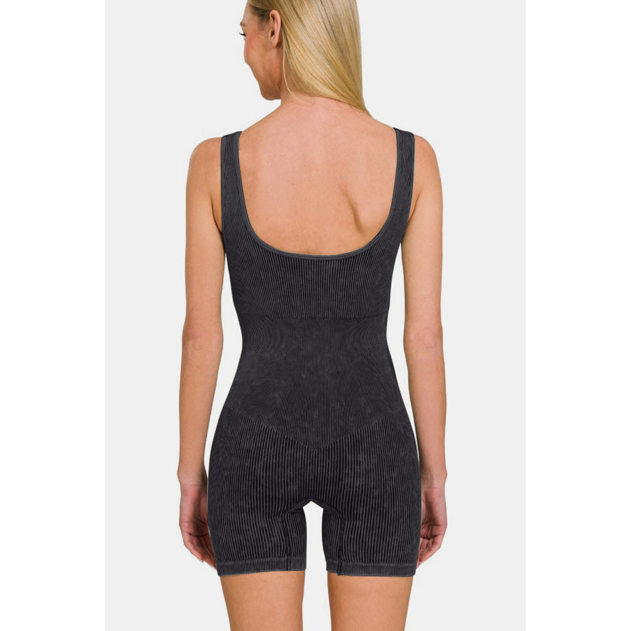 Zenana Washed Ribbed Romper with Pad Black / S/M Apparel and Accessories