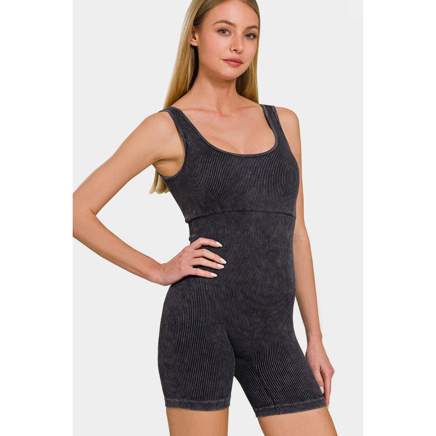 Zenana Washed Ribbed Romper with Pad Black / S/M Apparel and Accessories