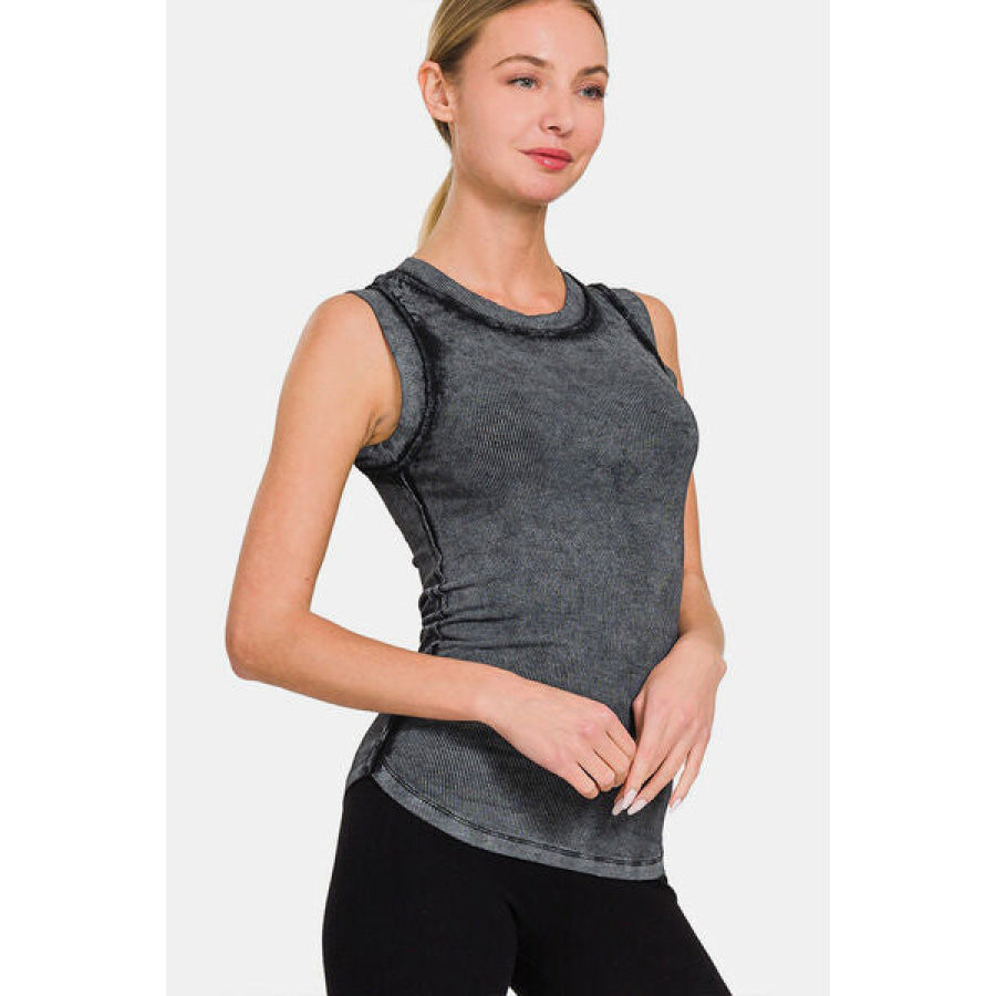 Zenana Washed Ribbed Round Neck Slim Tank ASHBLACK / S Apparel and Accessories