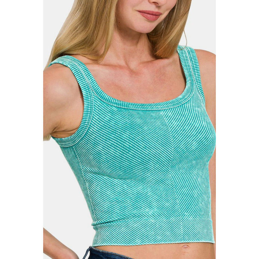 Zenana Washed Ribbed Scoop Neck Wide Strap Tank Lt Teal / S/M Apparel and Accessories