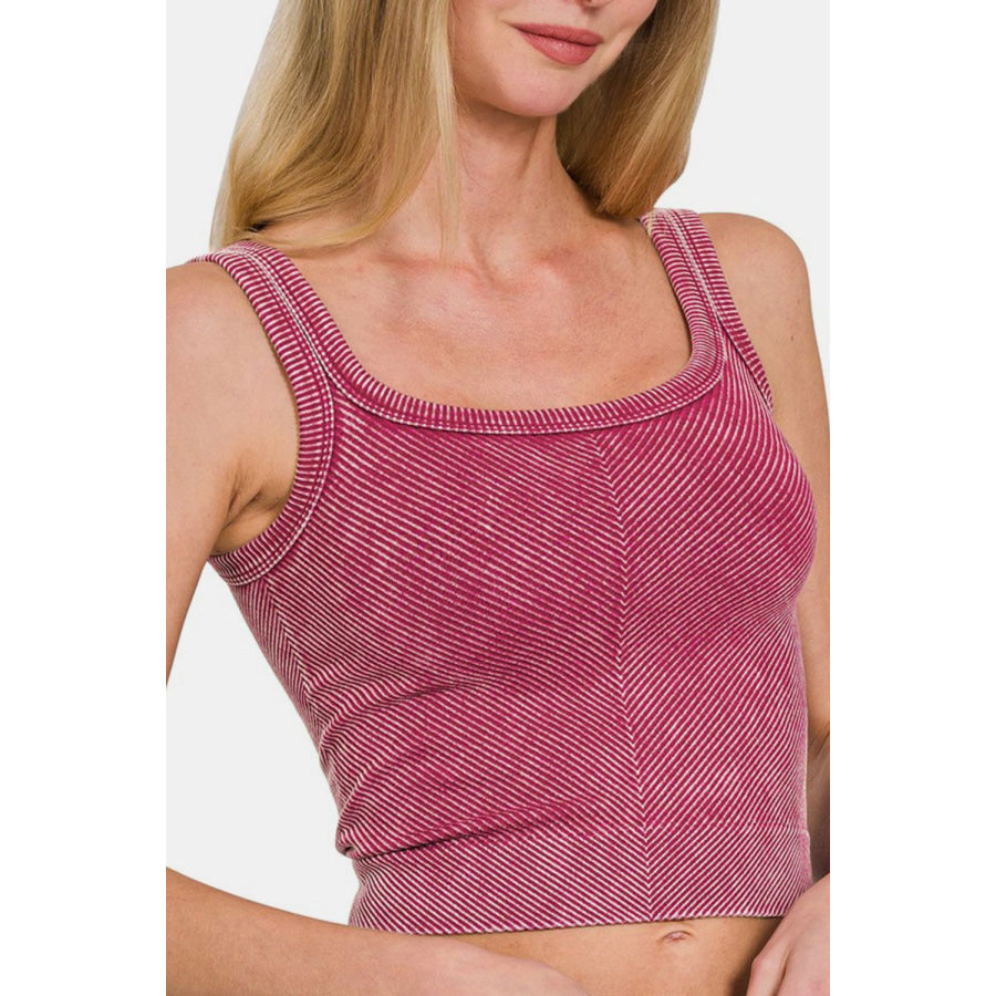 Zenana Washed Ribbed Scoop Neck Wide Strap Tank Apparel and Accessories