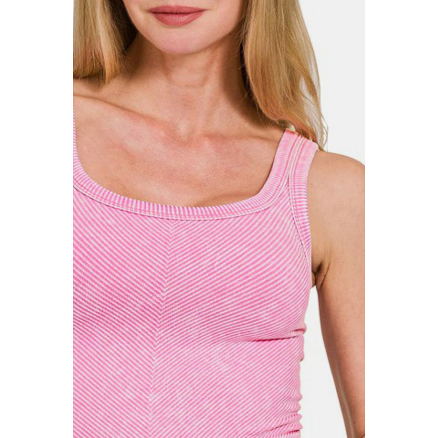 Zenana Washed Ribbed Scoop Neck Wide Strap Tank Apparel and Accessories