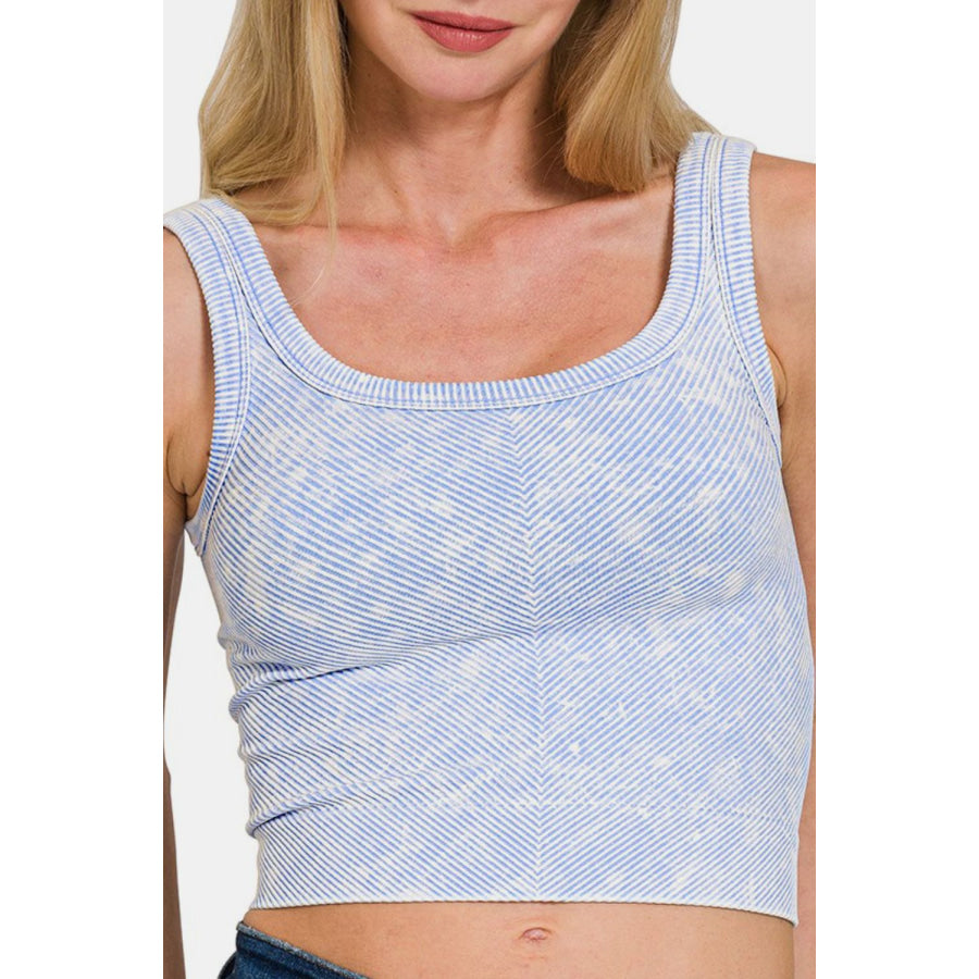 Zenana Washed Ribbed Scoop Neck Wide Strap Tank Spring Blue / S/M Apparel and Accessories