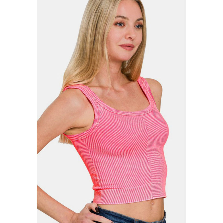 Zenana Washed Ribbed Scoop Neck Wide Strap Tank Apparel and Accessories