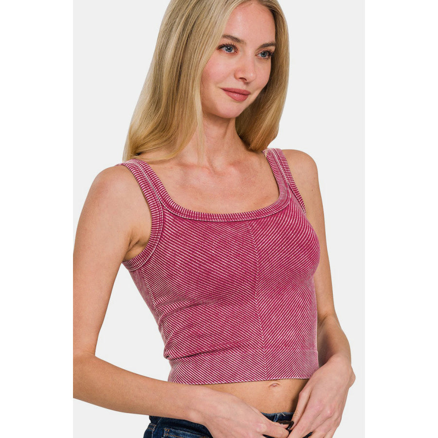 Zenana Washed Ribbed Scoop Neck Wide Strap Tank Burgundy / S/M Apparel and Accessories