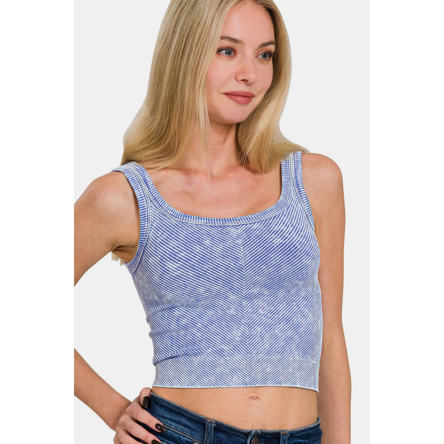 Zenana Washed Ribbed Scoop Neck Wide Strap Tank Lt Indigo / S/M Apparel and Accessories