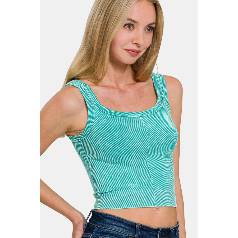 Zenana Washed Ribbed Scoop Neck Wide Strap Tank Lt Teal / S/M Apparel and Accessories