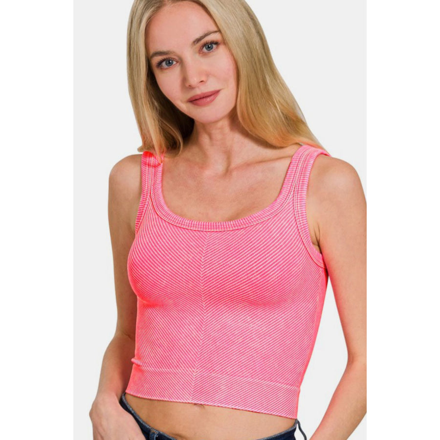 Zenana Washed Ribbed Scoop Neck Wide Strap Tank N Coral Fuchsia / S/M Apparel and Accessories