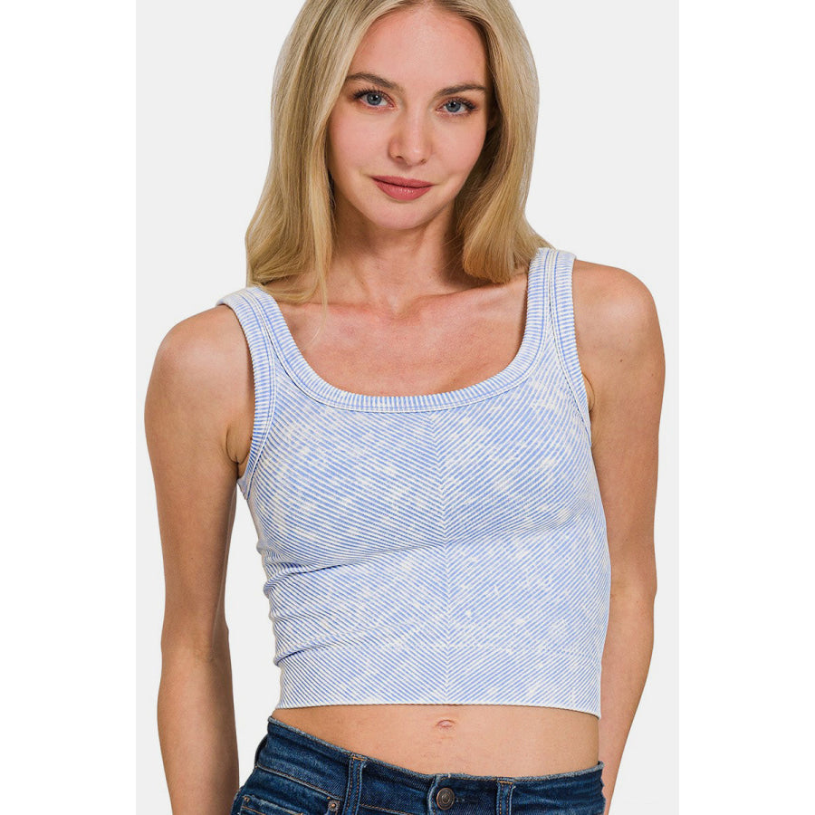 Zenana Washed Ribbed Scoop Neck Wide Strap Tank Spring Blue / S/M Apparel and Accessories