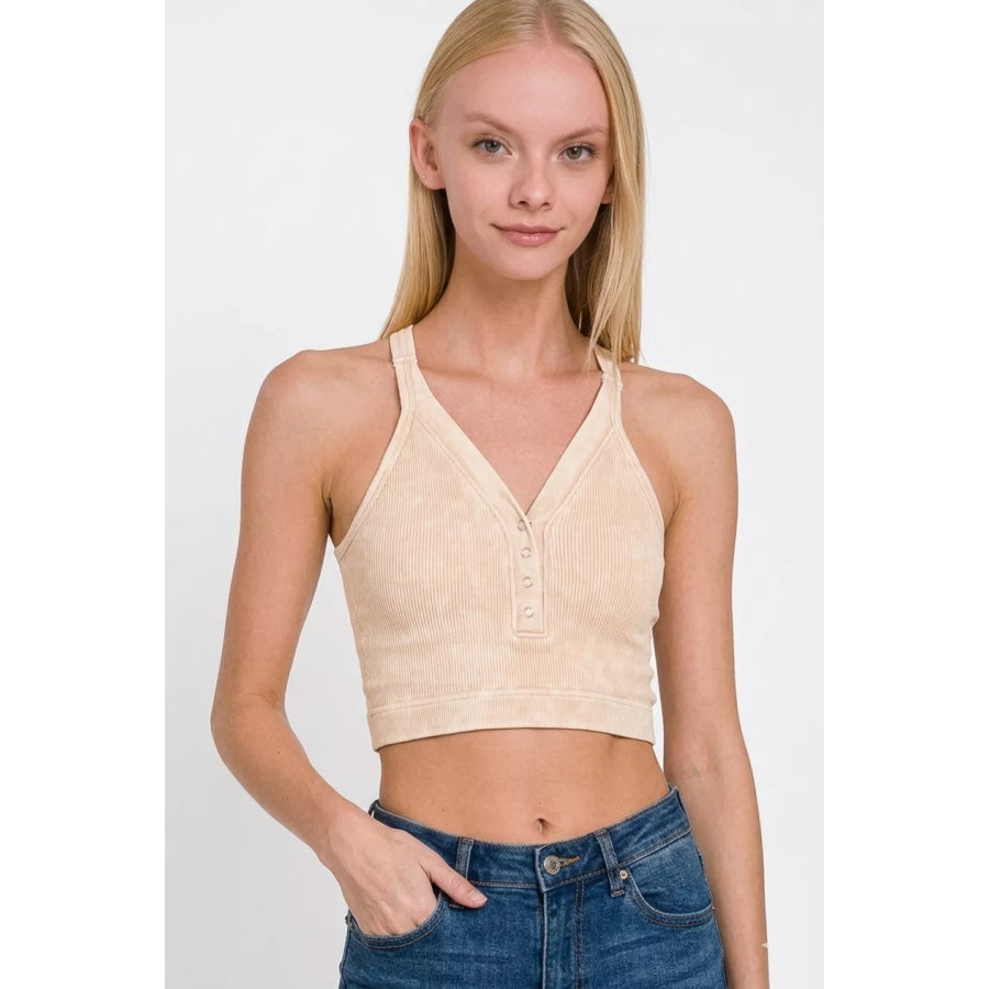 Zenana Washed Ribbed Seamless Button V-neck Tank Top Apparel and Accessories