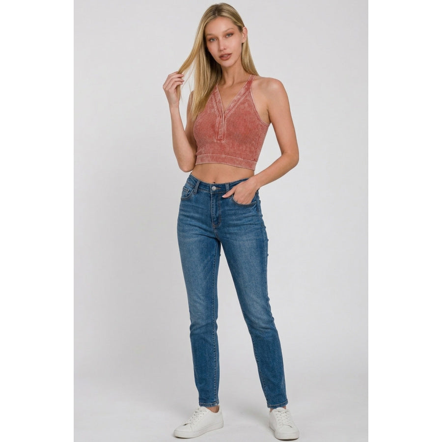 Zenana Washed Ribbed Seamless Button V-neck Tank Top Apparel and Accessories