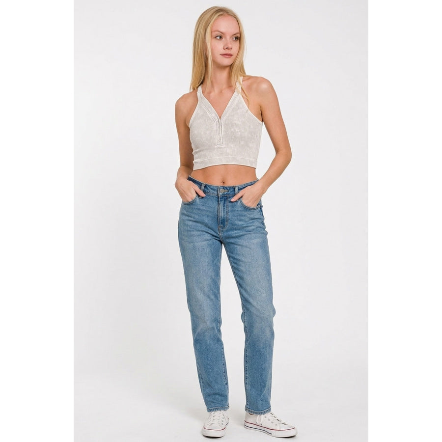 Zenana Washed Ribbed Seamless Button V-neck Tank Top Apparel and Accessories