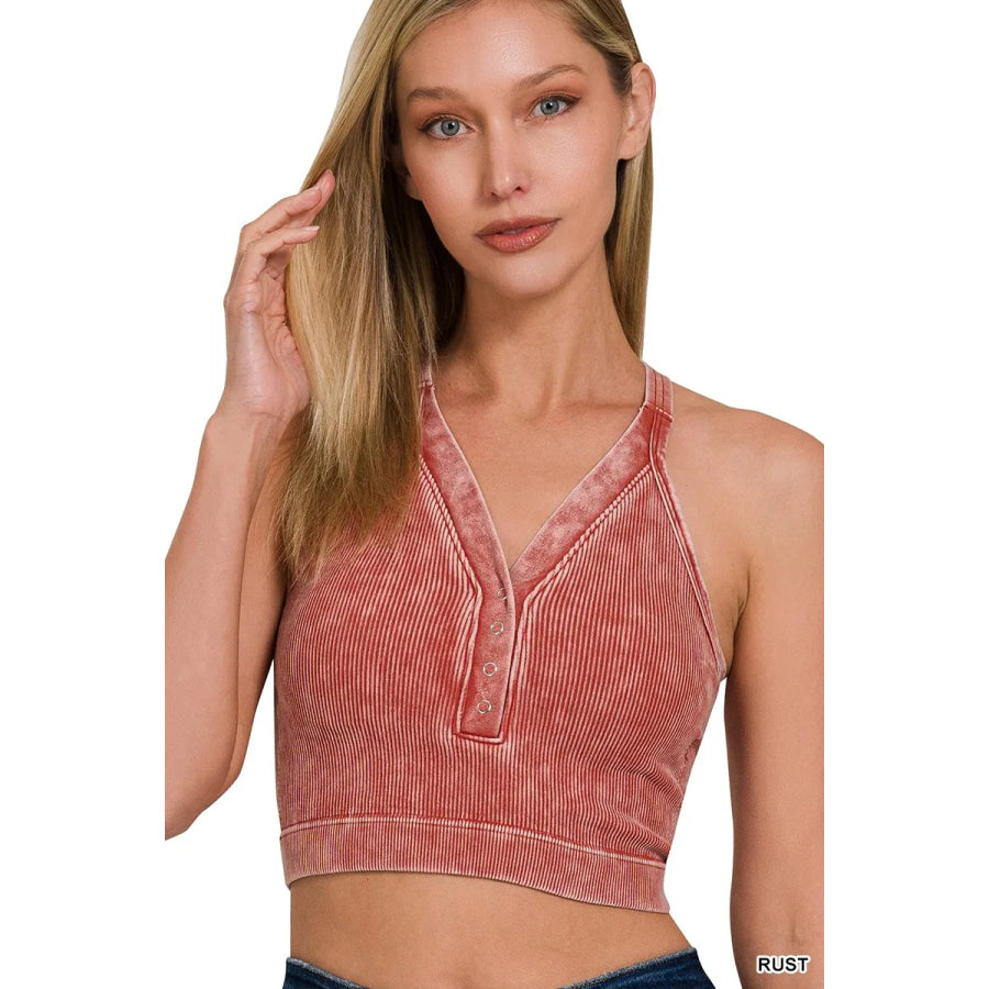 Zenana Washed Ribbed Seamless Button V-neck Tank Top Apparel and Accessories