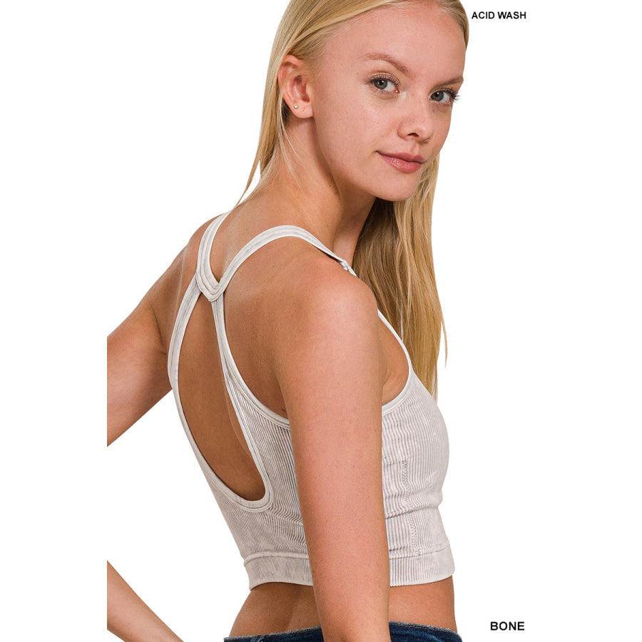 Zenana Washed Ribbed Seamless Button V-neck Tank Top BONE / S/M Apparel and Accessories