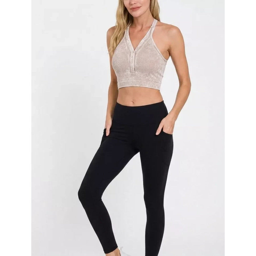 Zenana Washed Ribbed Seamless Button V-neck Tank Top ASH MOCHA / S/M Apparel and Accessories