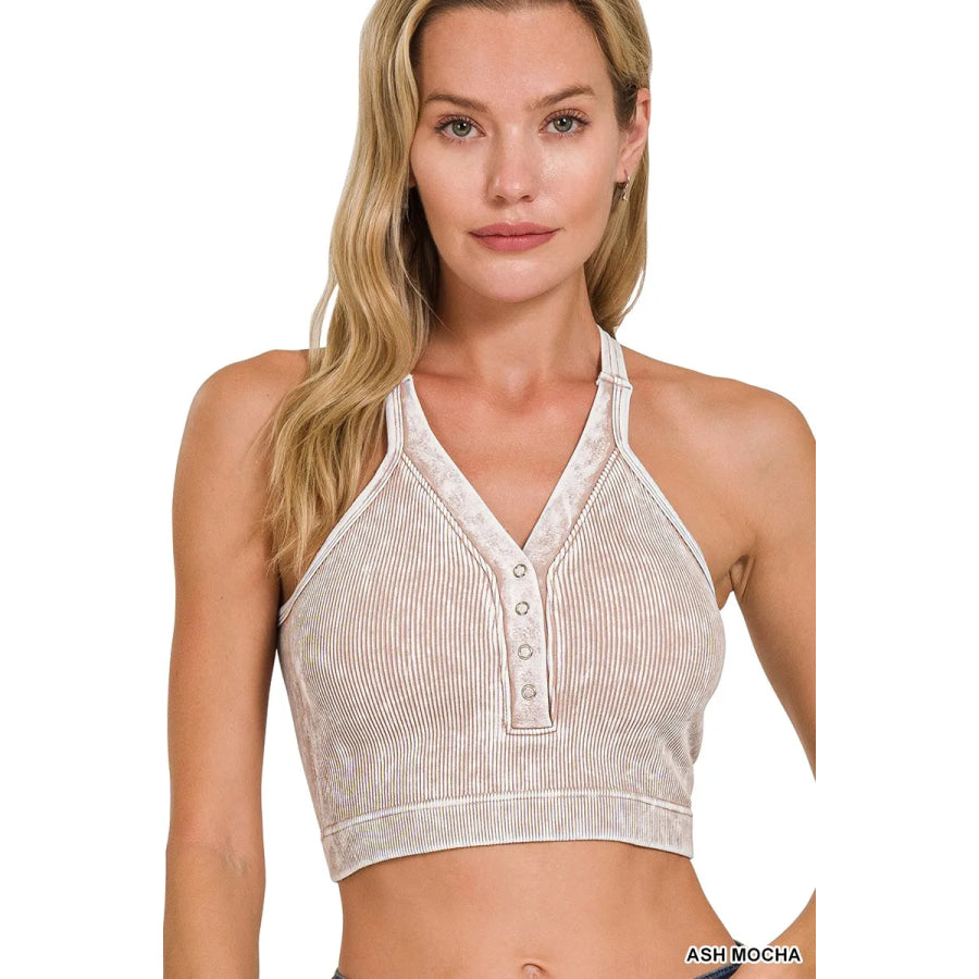Zenana Washed Ribbed Seamless Button V-neck Tank Top ASH MOCHA / S/M Apparel and Accessories