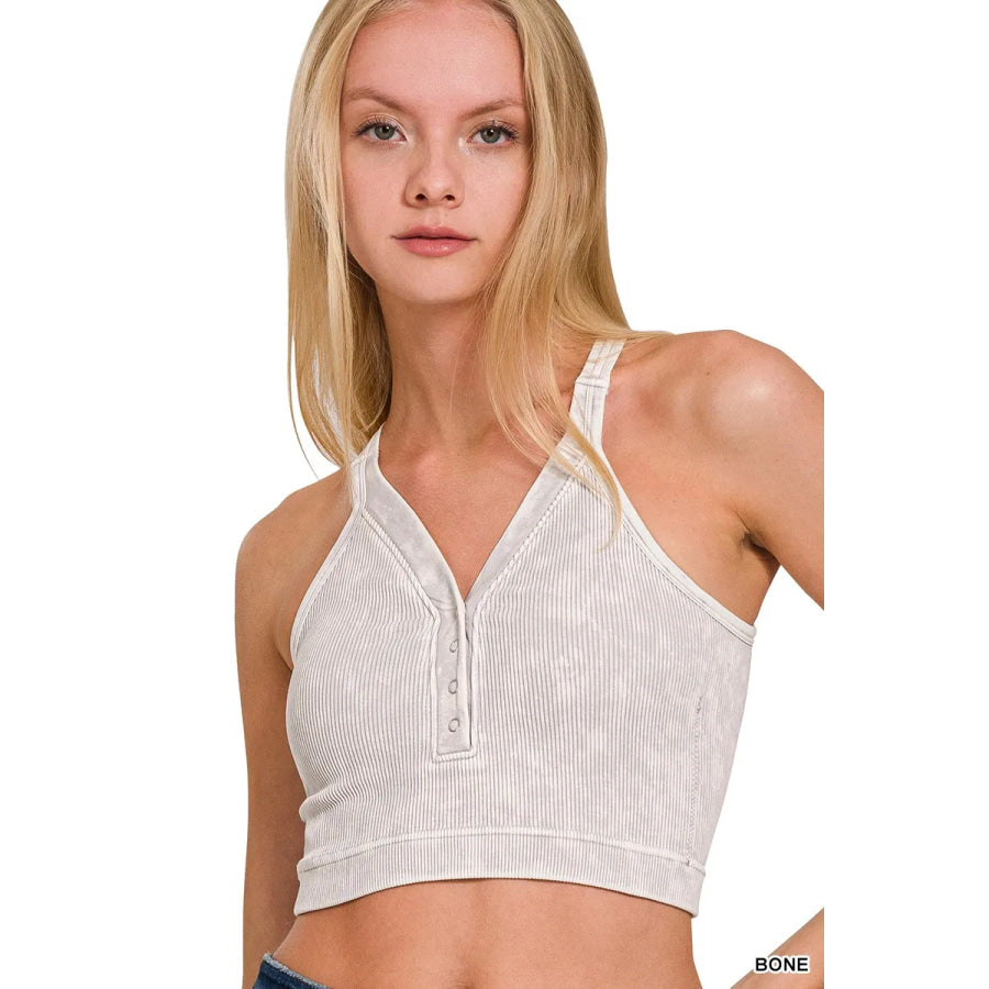 Zenana Washed Ribbed Seamless Button V-neck Tank Top BONE / S/M Apparel and Accessories