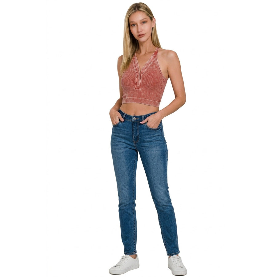 Zenana Washed Ribbed Seamless Button V-neck Tank Top Apparel and Accessories