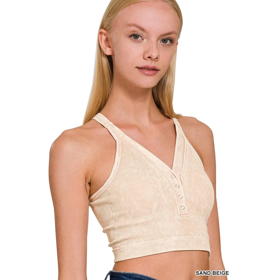 Zenana Washed Ribbed Seamless Button V-neck Tank Top SAND BEIGE / S/M Apparel and Accessories