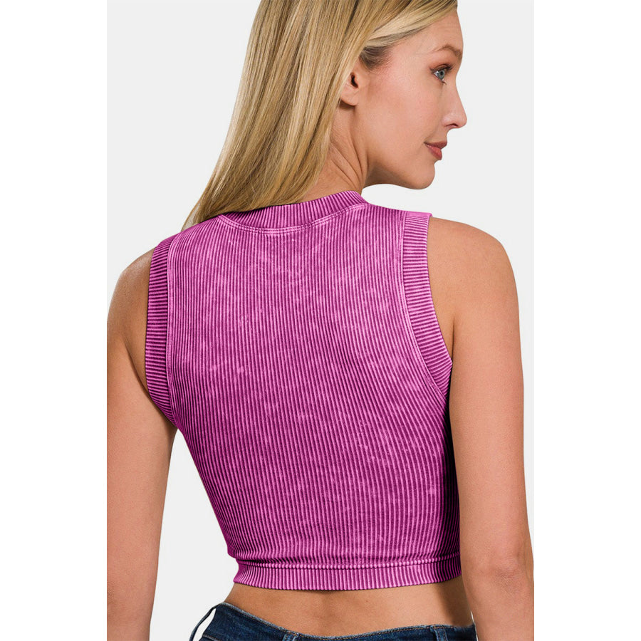 Zenana Washed Ribbed Seamless Crop Tank with Bra Pad Apparel and Accessories