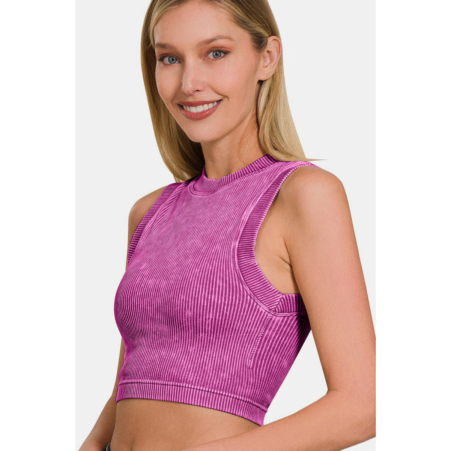 Zenana Washed Ribbed Seamless Crop Tank with Bra Pad Apparel and Accessories