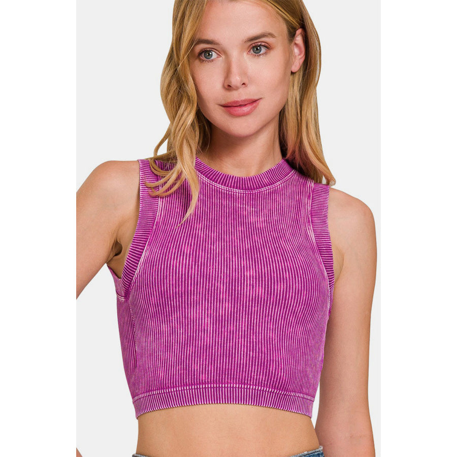 Zenana Washed Ribbed Seamless Crop Tank with Bra Pad Lt Plum / S/M Apparel and Accessories