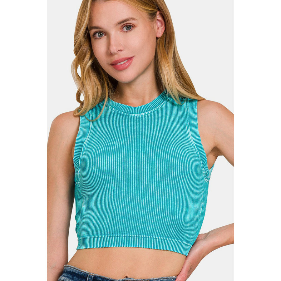 Zenana Washed Ribbed Seamless Crop Tank with Bra Pad Lt Teal / S/M Shirts &amp; Tops