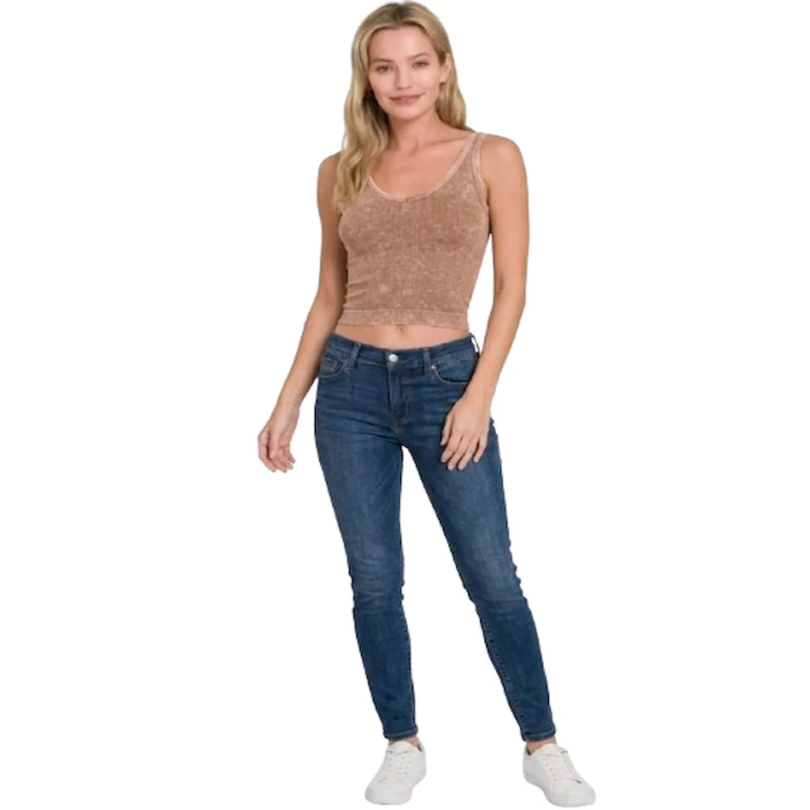 Zenana Washed Ribbed Seamless Cropped V-neck Tank Top Apparel and Accessories