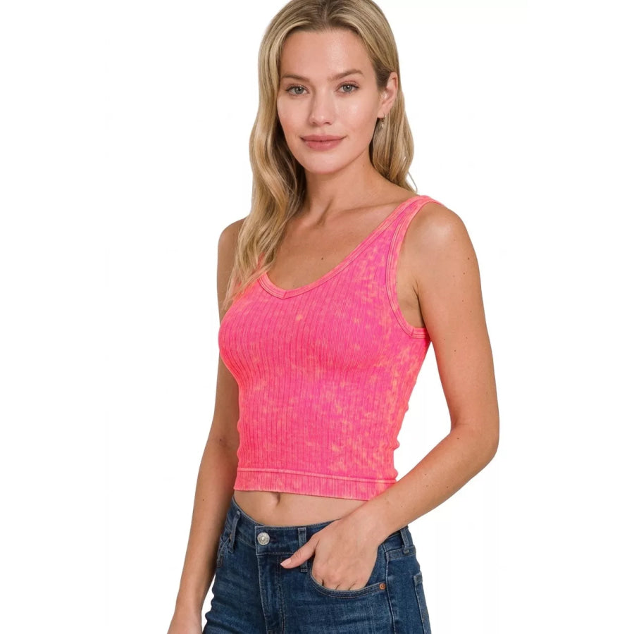 Zenana Washed Ribbed Seamless Cropped V-neck Tank Top Apparel and Accessories