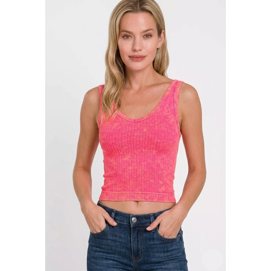 Zenana Washed Ribbed Seamless Cropped V-neck Tank Top Apparel and Accessories
