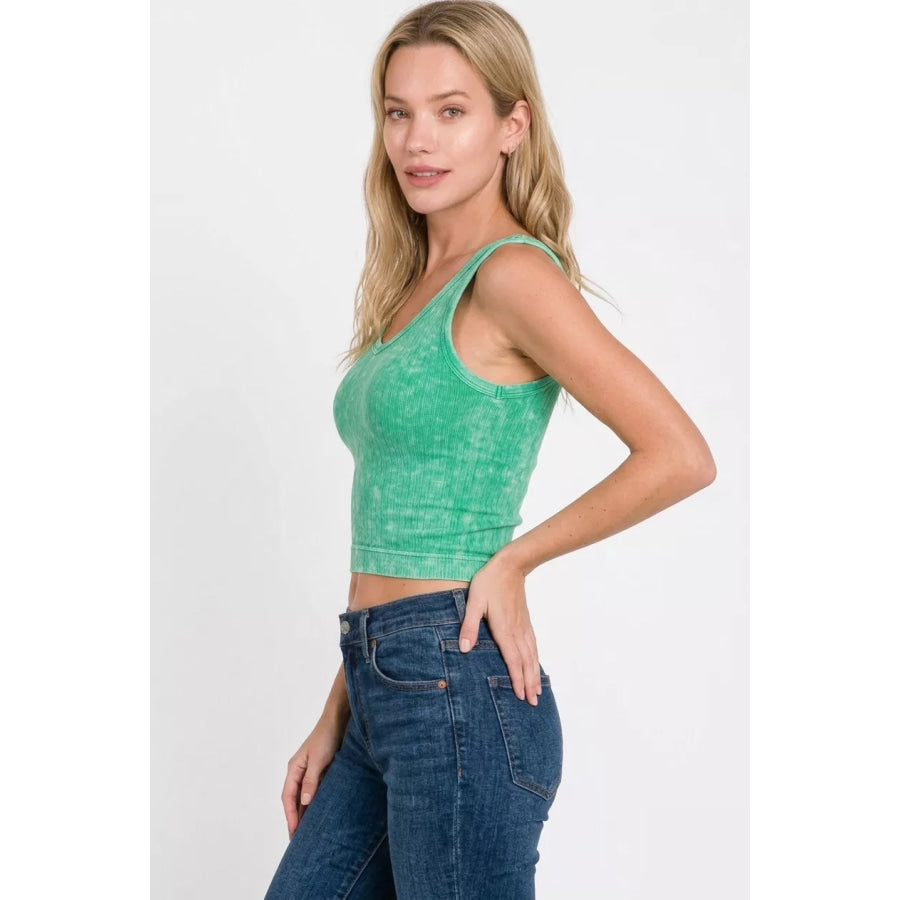 Zenana Washed Ribbed Seamless Cropped V-neck Tank Top Apparel and Accessories