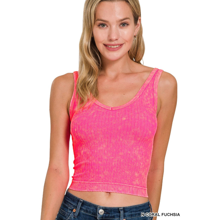 Zenana Washed Ribbed Seamless Cropped V-neck Tank Top N CORAL FUCHSIA / S/M Apparel and Accessories