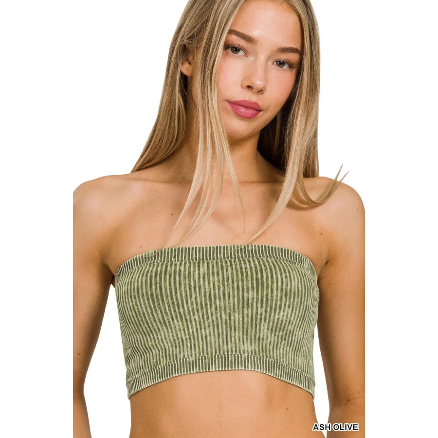 Zenana Washed Ribbed Seamless Tube Top ASH OLIVE / S/M Apparel and Accessories