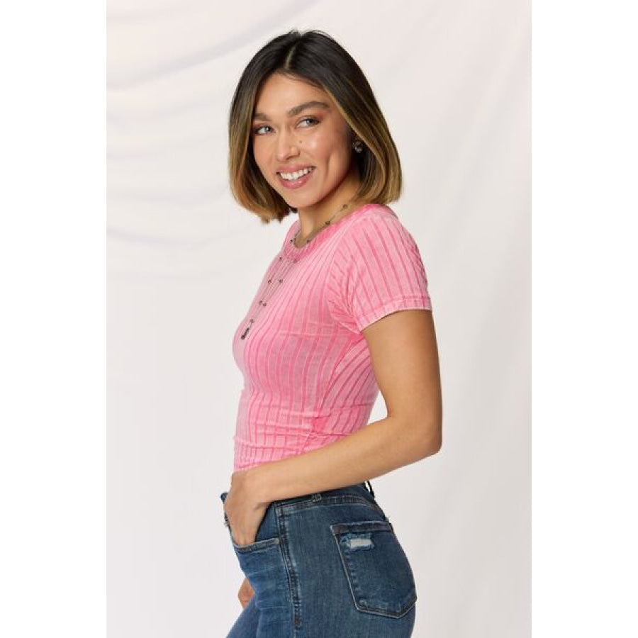 Zenana Washed Ribbed Short Sleeve Cropped T - Shirt Apparel and Accessories
