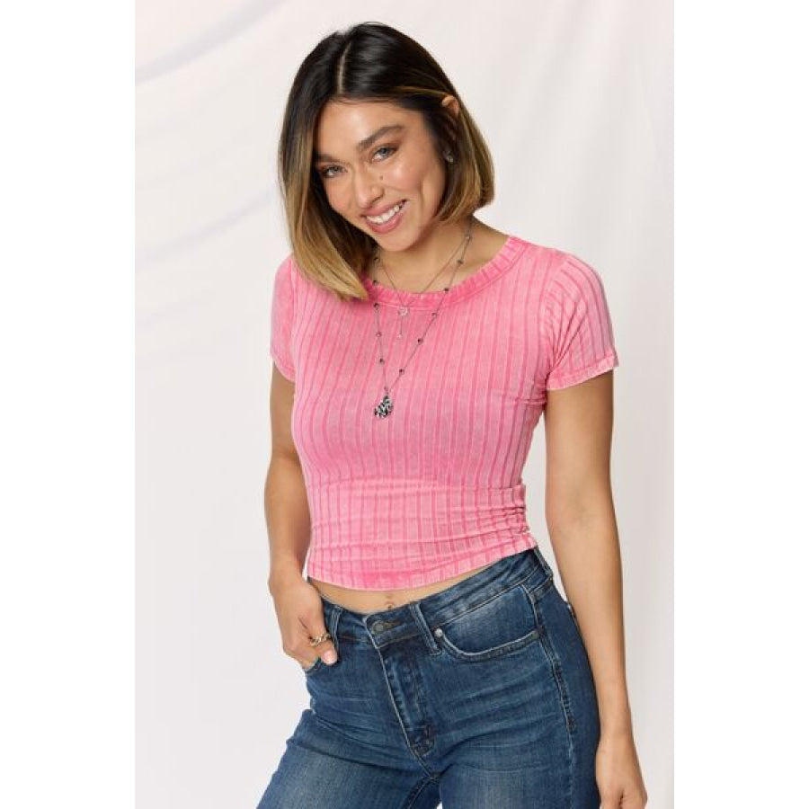 Zenana Washed Ribbed Short Sleeve Cropped T - Shirt Apparel and Accessories