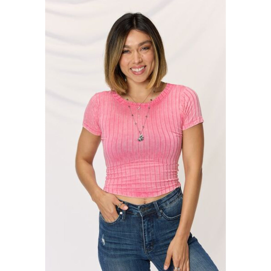 Zenana Washed Ribbed Short Sleeve Cropped T - Shirt FUCHSIA / S Apparel and Accessories
