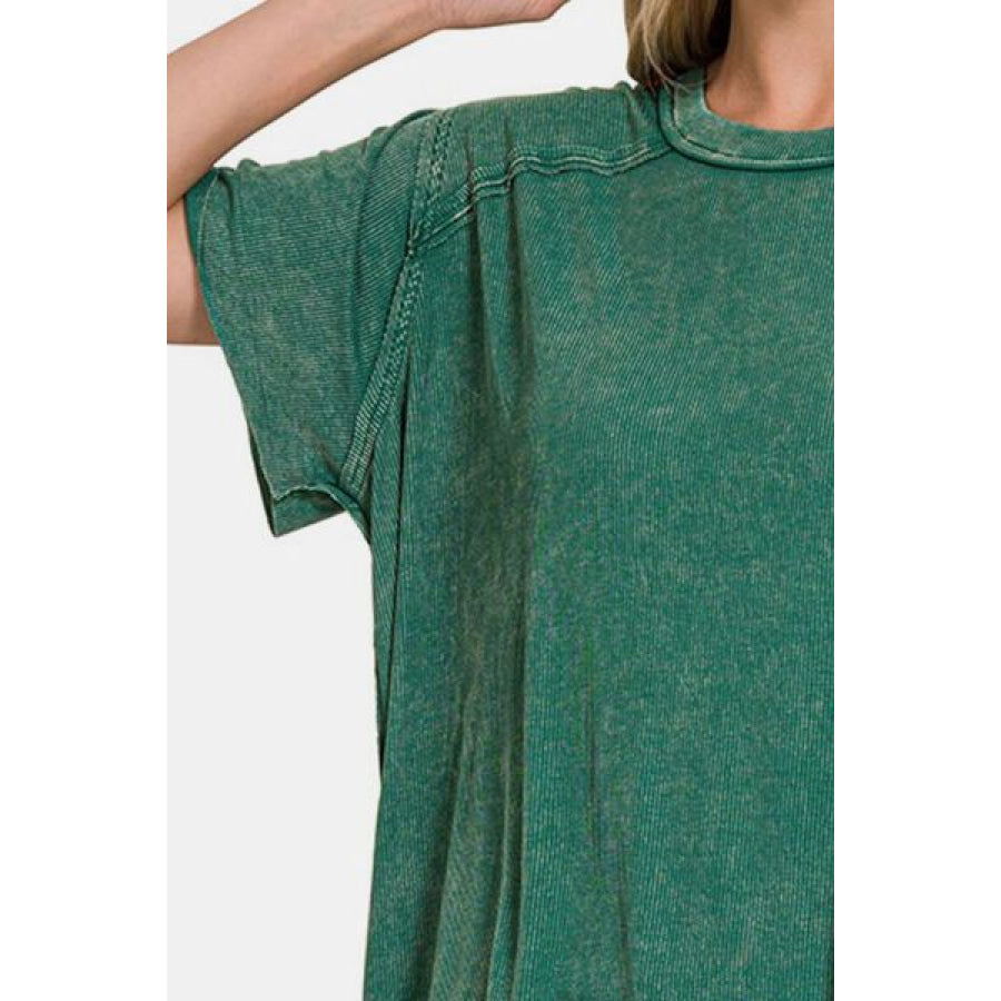 Zenana Washed Ribbed Short Sleeve Top DKGREEN / S/M Apparel and Accessories