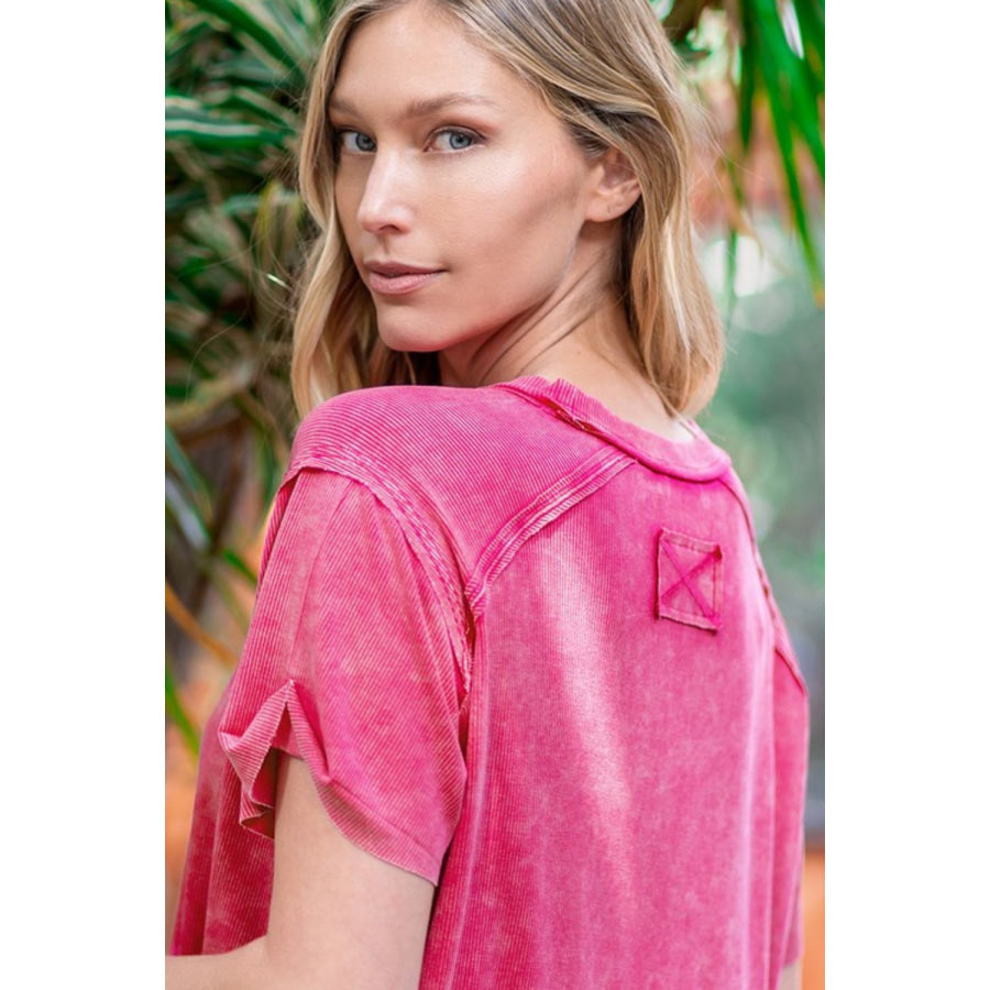 Zenana Washed Ribbed Short Sleeve Top Hot Pink / S/M Apparel and Accessories