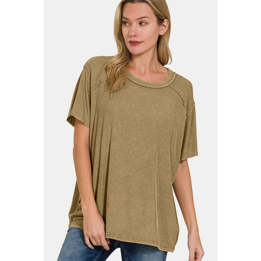 Zenana Washed Ribbed Short Sleeve Top Apparel and Accessories