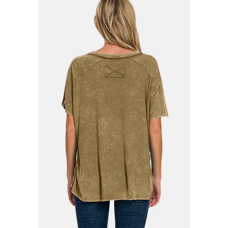 Zenana Washed Ribbed Short Sleeve Top Mocha / S/M Apparel and Accessories