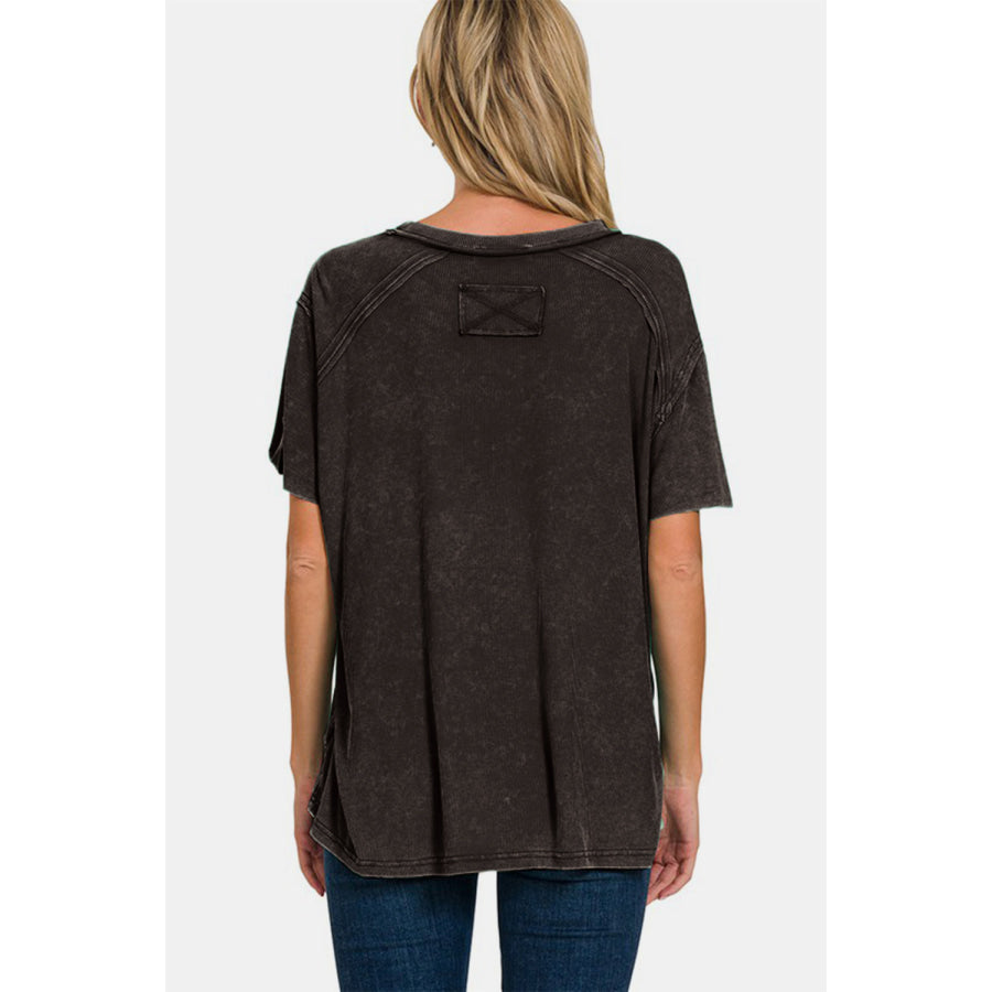 Zenana Washed Ribbed Short Sleeve Top Black / S/M Apparel and Accessories