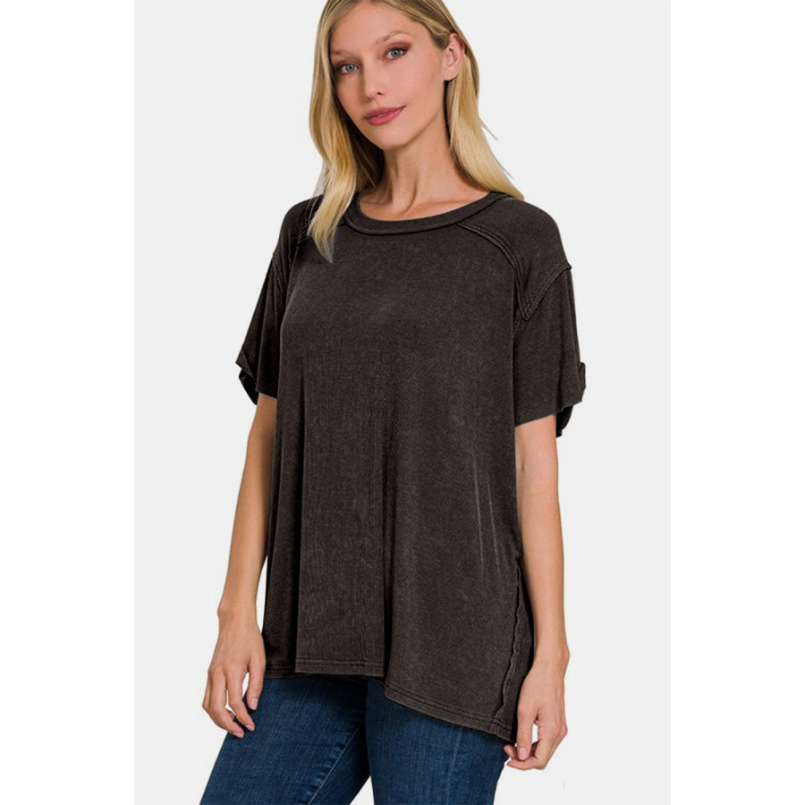 Zenana Washed Ribbed Short Sleeve Top Apparel and Accessories