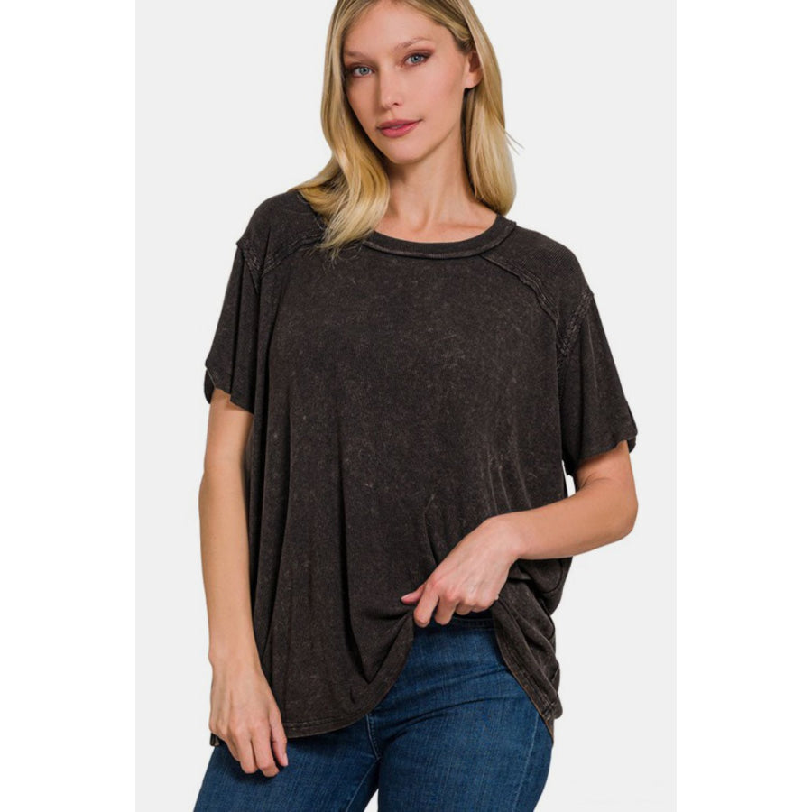 Zenana Washed Ribbed Short Sleeve Top Black / S/M Apparel and Accessories