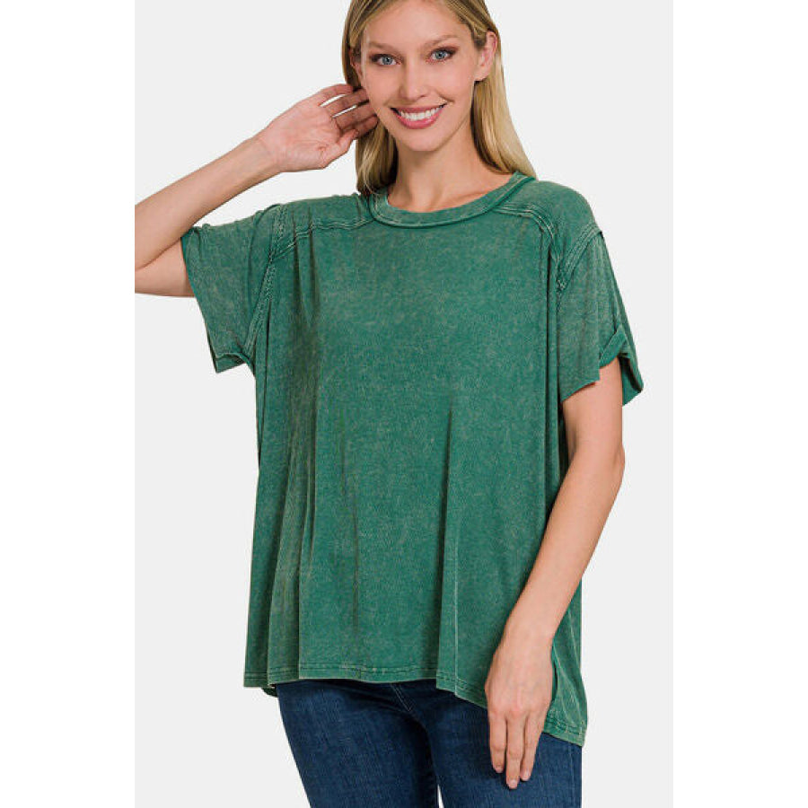 Zenana Washed Ribbed Short Sleeve Top DKGREEN / S/M Apparel and Accessories