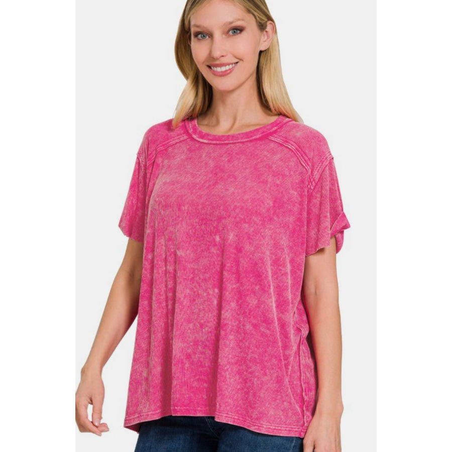 Zenana Washed Ribbed Short Sleeve Top Hot Pink / S/M Apparel and Accessories