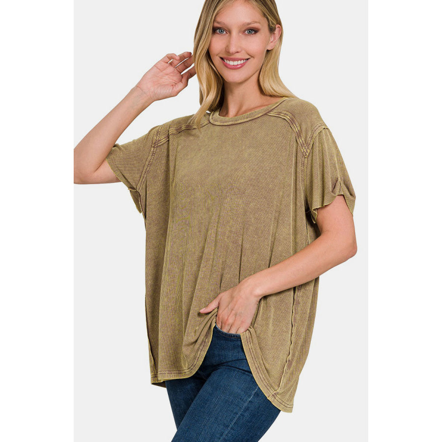 Zenana Washed Ribbed Short Sleeve Top Mocha / S/M Apparel and Accessories