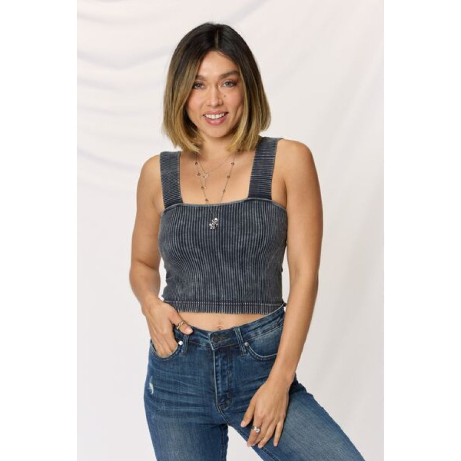Zenana Washed Ribbed Wide Strap Cropped Cami ASHBLACK / S/M Apparel and Accessories