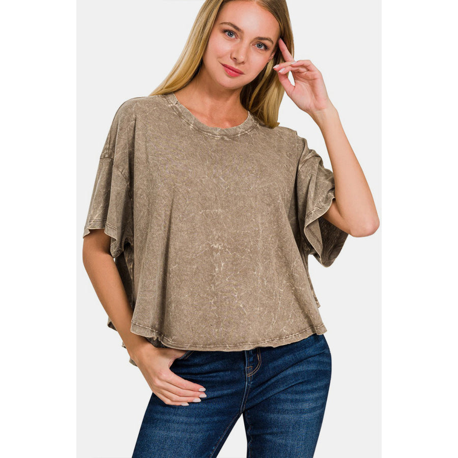 Zenana Washed Round Neck Drop Shoulder Cropped T - Shirt MOCHA / S/M Apparel and Accessories